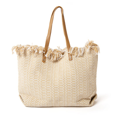 The Woven Beach Bag in natural brown with a fun aztec and striped pattern, perfect for summer